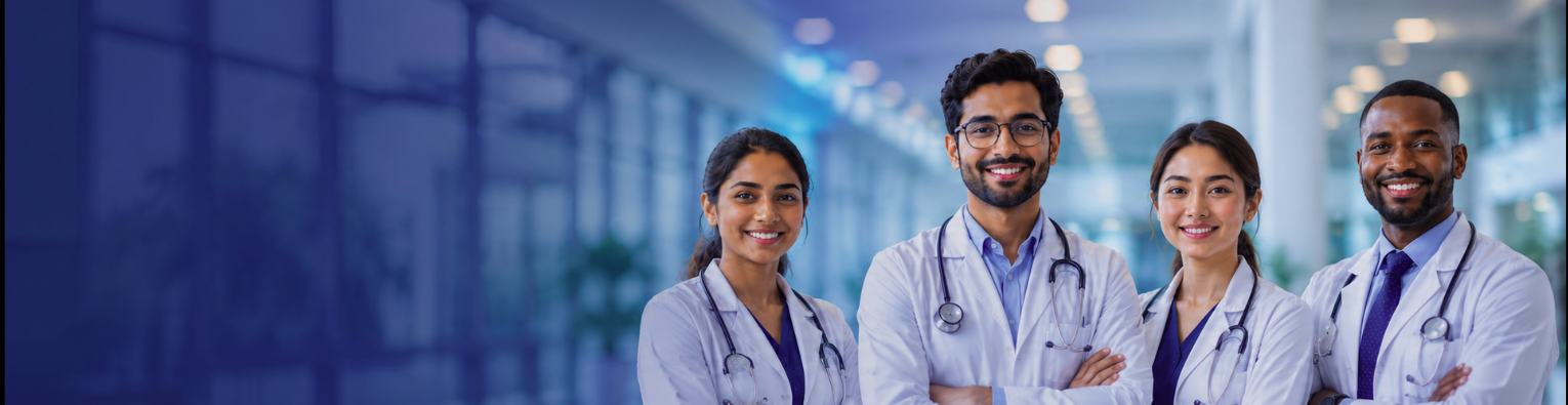 Group of young doctors standing together, inspiring NEET aspirants